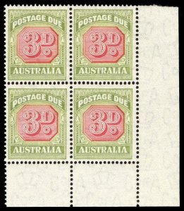 Australia 1938 Postage Due 3d carmine & green SE corner block MNH. SG D115.