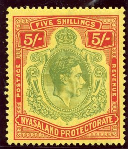 Nyasaland 1938 KGVI 5s pale green & red/yellow (CH) MLH. SG 141. Sc 65.