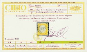 Rarità Italia Regno 1862 c. 80 spazio tipografico verticale a destra USATO! CERT