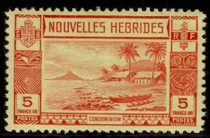 NEW HEBRIDES GVI SG F63, 5f red/yellow, LH MINT. Cat £75.