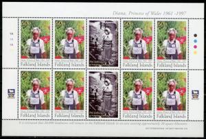 FALKLAND ISLANDS SCOTT#941 PRINCESS DIANA MEMORIAL SHEET OF 8 & LABEL   MINT NH