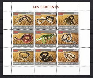Ivory Coast. 2009 Cinderella issue. Snakes sheet of 9. ^