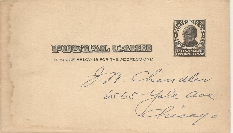 McKinley postcard addressed, but unused #!