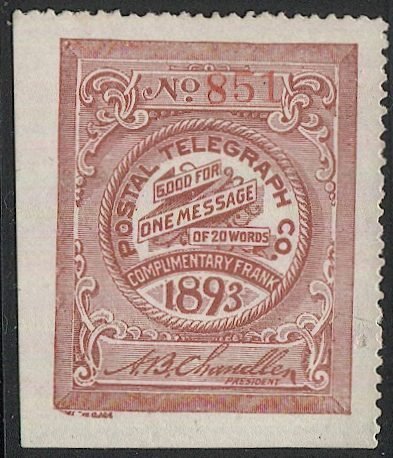 US 1893 Sc 15T8  Unused, Postal Telegraph Co., VF