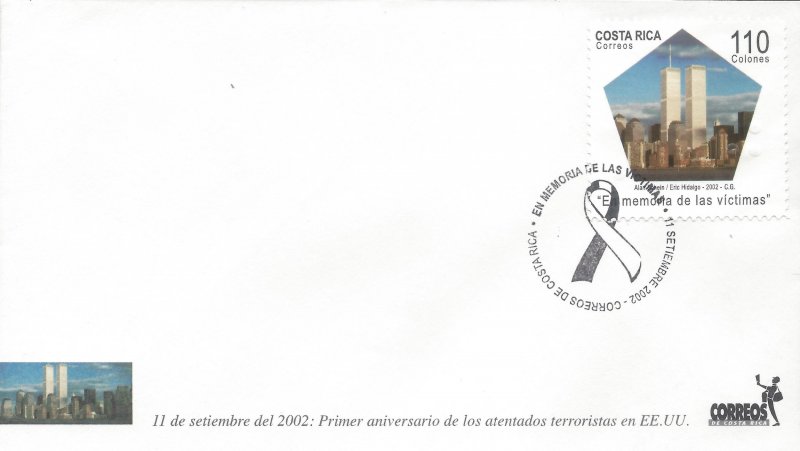 COSTA RICA MEMORY to the VICTIMS of 9/11, WORLD TRADE CENTER Sc 560 FDC 2002