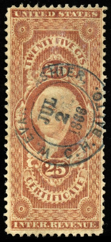 B415 U.S. Revenue Scott R44c 25c Certificate, 1866 handstamp cancel