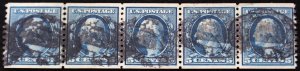 U.S. Used Stamp Scott #496 5c Washington Coil Strip of 5. Superb. Scott: +$35.00
