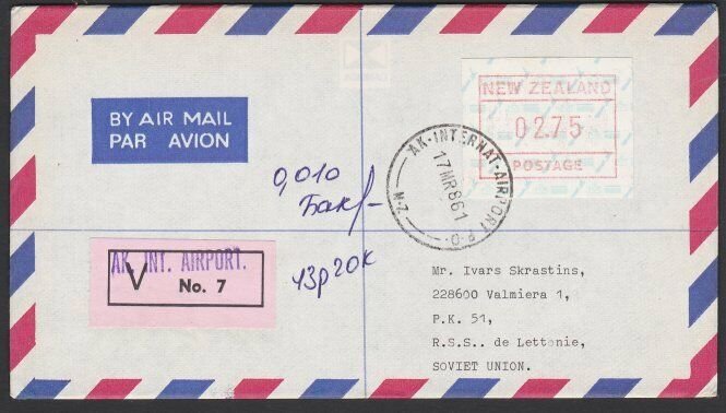 NEW ZEALAND 1986 $2.75 Frama Insured cover Auckland Airport to Latvia.......E180