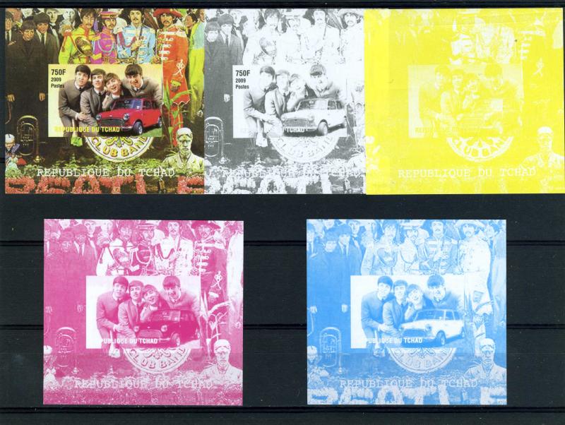 Chad 2009 THE BEATLES CAR MINI COOPER Deluxe (4)color Proofs+original Mint (NH)