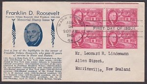 USA 1945 Roosevelt 2c block FDC to New Zealand.............................A1663