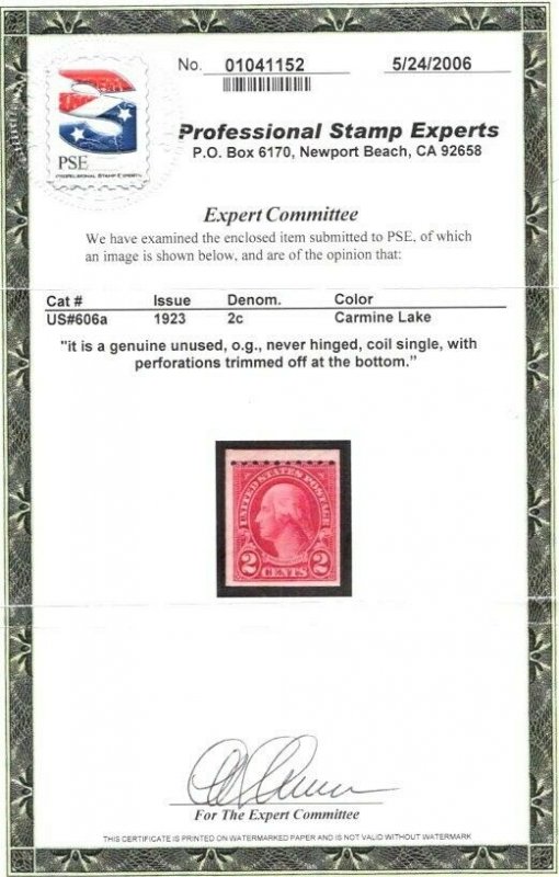 US SCOTT #606a Coil Single, Mint-NH, Perfs Trimmed Off, PSE Cert from garyposner