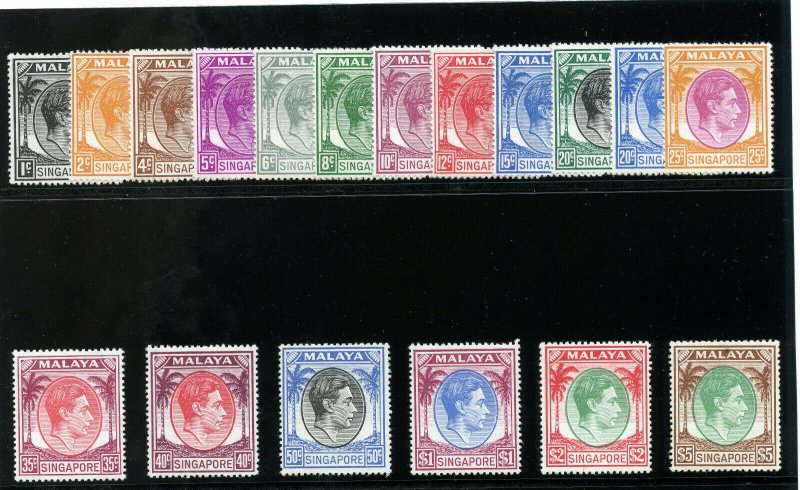 Singapore 1948 KGVI set complete MLH. SG 16-30. Sc 1a-20a.