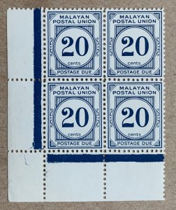 Malaya 1963 20c due Perf 12.5 chalky in B4 MNH. Scott J27b, CV $50.50. SG D21ab