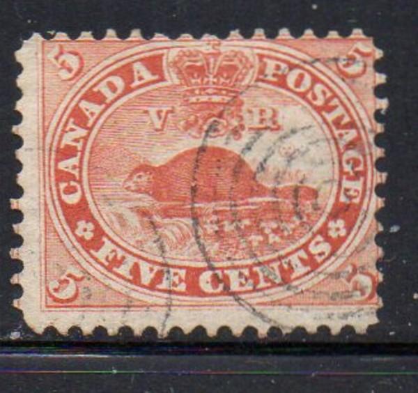 Canada Sc 15 1859 5 cent vermilion Beaver stamp used