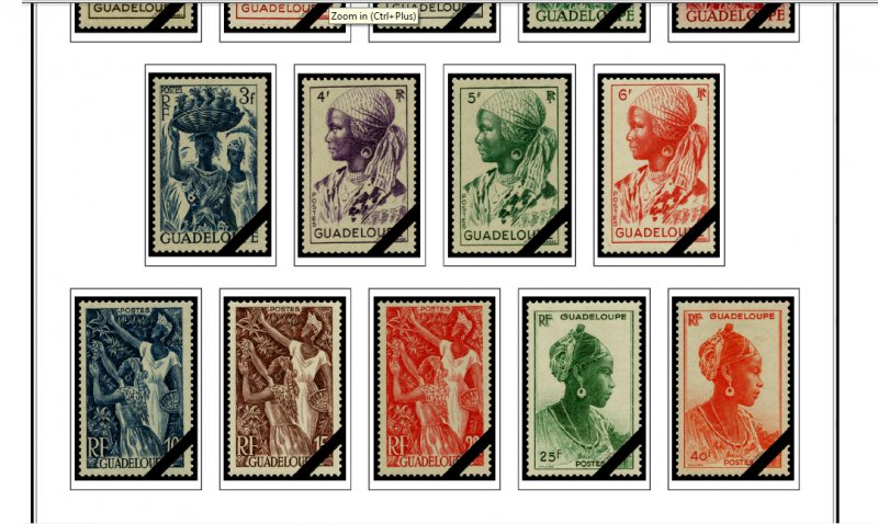 COLOR PRINTED GUADELOUPE 1884-1944 STAMP ALBUM PAGES (25 illustrated pages)