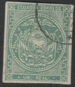 Ecuador Sc# 5 Coat of Arms imperf 1r green four margin used CV $55.00 Stk #2