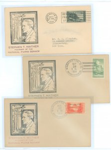 US 746-748 1934 three values from The National Parks Series: 7c (Arcadia) 8c (Zion) & 9c (Glacier) on three unaddressed FDCs wit