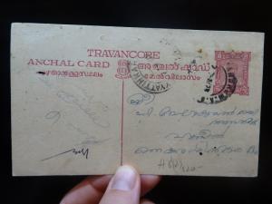 India Travancore 8C PSC used with message (28bej) 