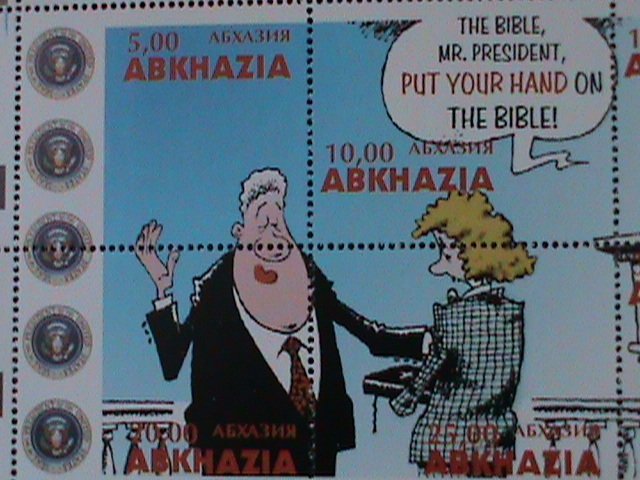 ​RUSSIA-ABKHAZIA-1999-BILL CLITON & LEWINSKI CASE JUSTICE-MNH-SHEET-VF-CARTOON