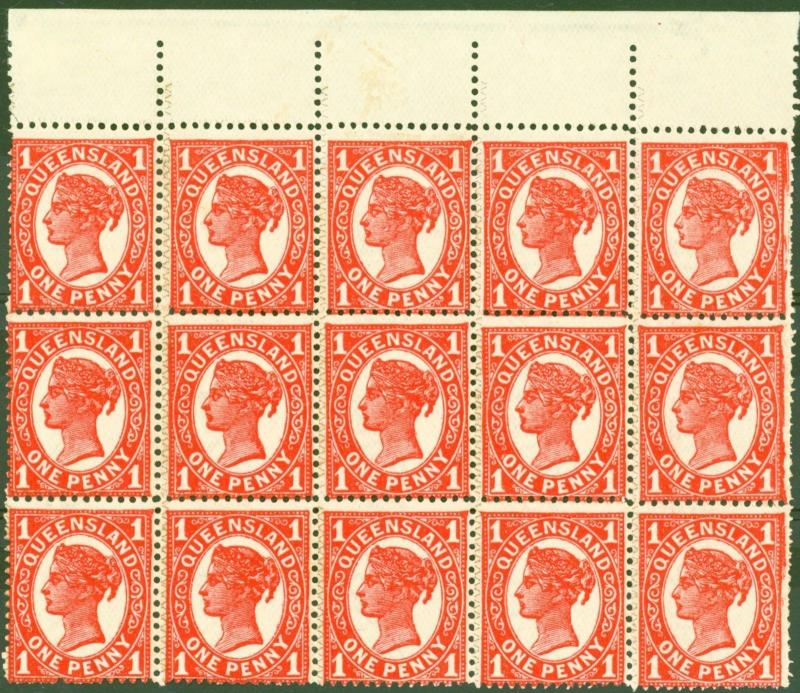 Queensland 1897 1d Vermilion ZigZag SG259(d) Plain Roulette x Perf VF MNH Block