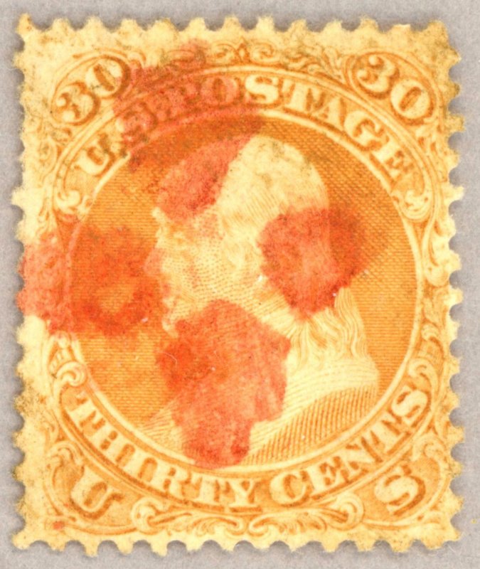 US Scott#100 1867 30c Franklin, red cancel, almost 4 margins, clear grill