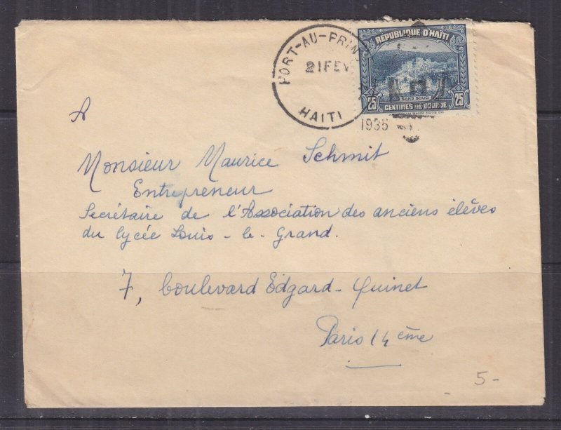 HAITI, 1935 cover, Port Au Prince to Paris, France, 25c. 