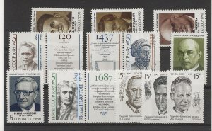 Russia 1987-90 Scientists, Spies, Nobel 3 sets (11 stamps + 3 labels) MNH