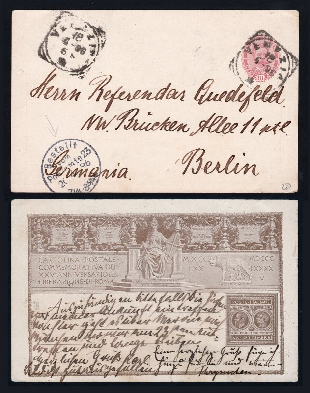 ITALY POSTAL CARD LIBERATION OF ROME 10 CENTESIMI VENICE TO BERLIN - 1896