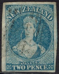 NEW ZEALAND 1862 QV CHALON 2D IMPERF WMK LARGE STAR USED