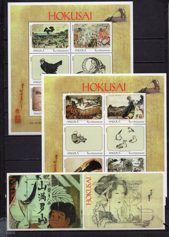 ANGOLA 1999 JAPANESE PAINTINGS BY HOKUSAI 2 SHEETS OF 6 STAMPS & 2 S/S MNH