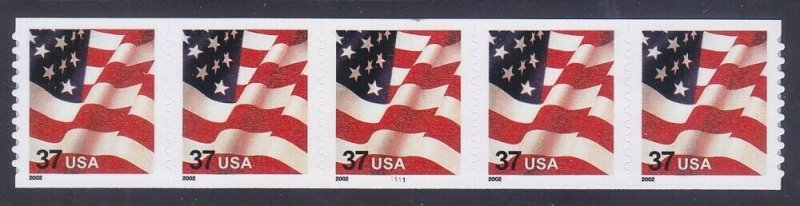 US 3632 MNH 2002 37¢ Flag Die Cut Perf 9¾ Vert Plate No Coil PNC5 Plate 1111