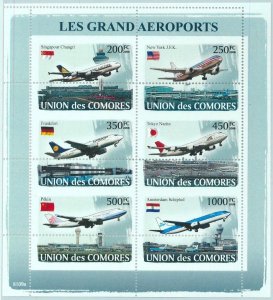A0396- COMORES, ERROR, MISPERF, Miniature sheet: 2008 Airports, Airplanes, Flags