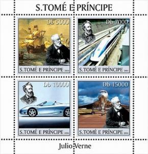 SAO TOME E PRINCIPE 2004 SHEET JULES VERNE TRAINS CARS CONCORDE PLANES st4223