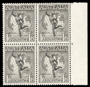Australia #C7 Cat$74, 1956 1sh6p sepia, sheet margin block of four, never hinged