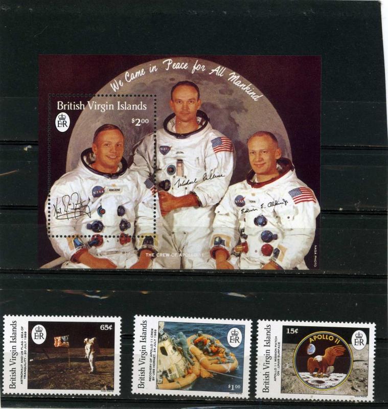 BRITISH VIRGIN ISLANDS 1989 SPACE/APOLLO XI SET OF 3 STAMPS & S/S MNH 