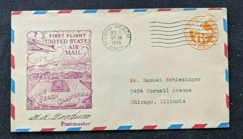1936 Long Beach California First Flight Airmail Cover to Chicago Illinois 