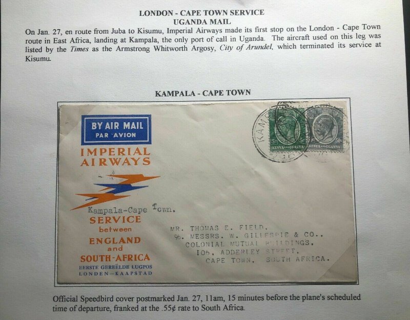 1932 Kampala Uganda First Flight Airmail Cover FFC To Cape Town South Africa