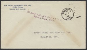 1945 STAMP FALLEN OFF AT C.D. HAMILTON ONT Handstamp On Cover From Timmins ONT