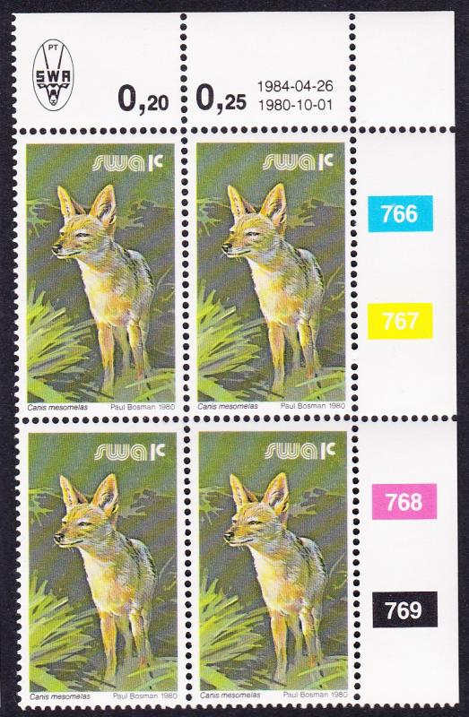 SWA Black-backed Jackal 1c Block of Four with Date and Control Numbers SG#349a