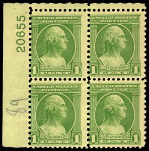 US Sc 705 MNH PLATE BLOCK of 4 - 1932 1¢ - Washington at Age 53 - See Scan