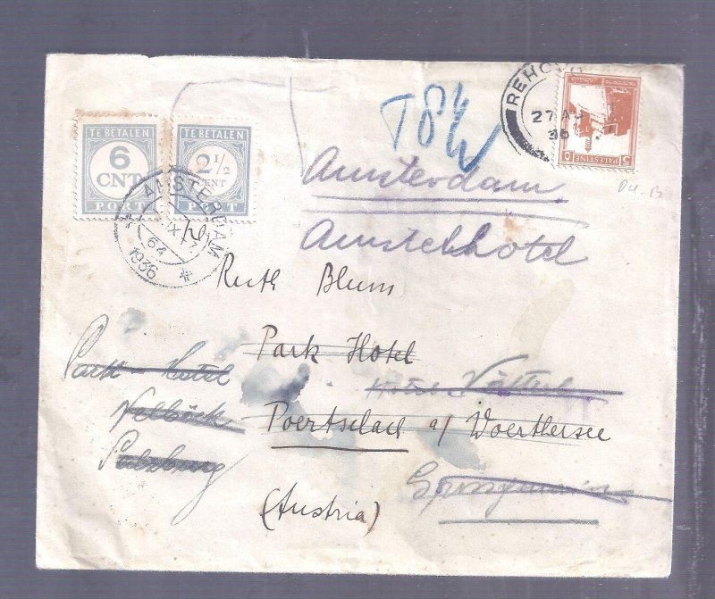 ISRAEL PALESTINE BRITISH MANDATE 1936 COV NETHERLANDS TO PAY TAXED POSTAGE DUE