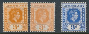 Leeward Islands 1938 SG 107, 107a & 108 3d KGVI Mint Hinged