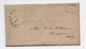 1852 Danversport MA black CDS stampless w letter, paid 3 in oval rate [h.6782]