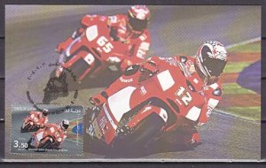 Qatar, Scott cat. 976b. Motorcycle Racing value on a Max. Card. ^