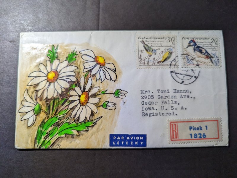 1960 Registered Czechoslovakia Airmail Hand Painted Cover Pisek to IA USA