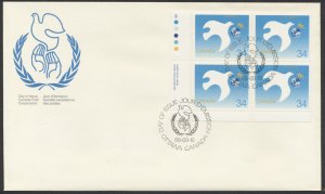 1986 #1110 UN International Peace Year FDC, LL Plate Block, Canada Post Cachet