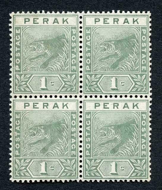 Perak 1892 SG61 1c Green wmk Crown CA 2 x U/M Cat 12+++ pounds