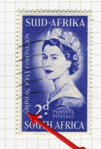 SOUTH AFRICA; 1953 QEII Coronation issue 2d. fine used PLATE FLAW value