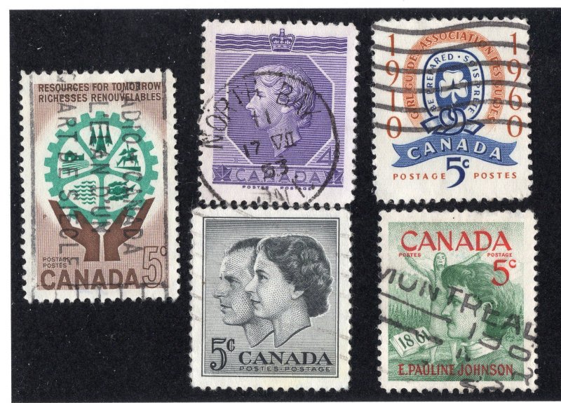 Canada 1953-61 Group of 5 Commemoratives, Scott 330, 378, 389, 392, 395 used