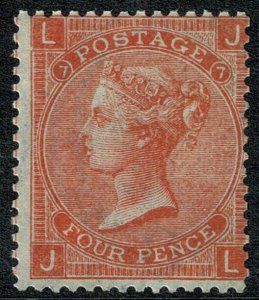 GB SG 93. 4d dull vermillion plate 7 JL. Unmounted mint.